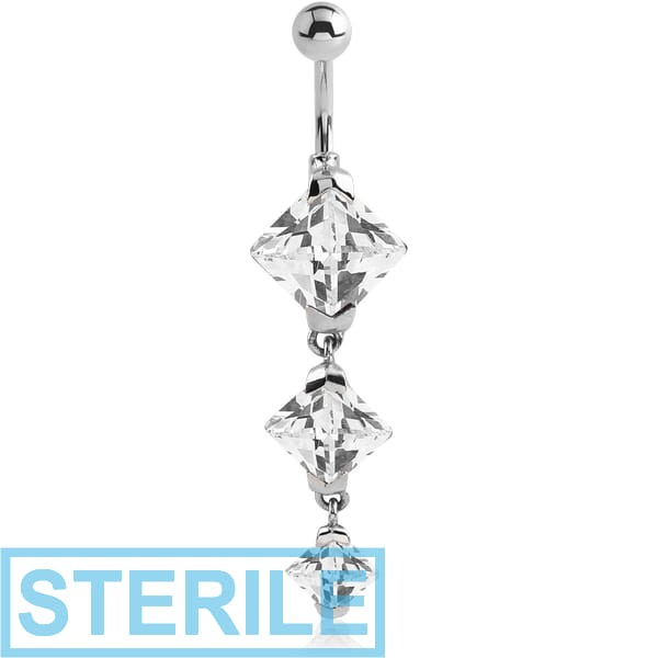 STERILE SURGICAL STEEL TRIPLE SQUARE CZ JEWELLED WITH DANGLING NAVEL BANANA