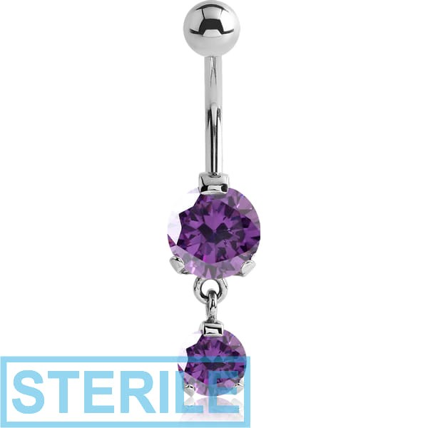 STERILE SURGICAL STEEL DOUBLE ROUND CZ JEWELLED WITH DANGLING NAVEL BANANA