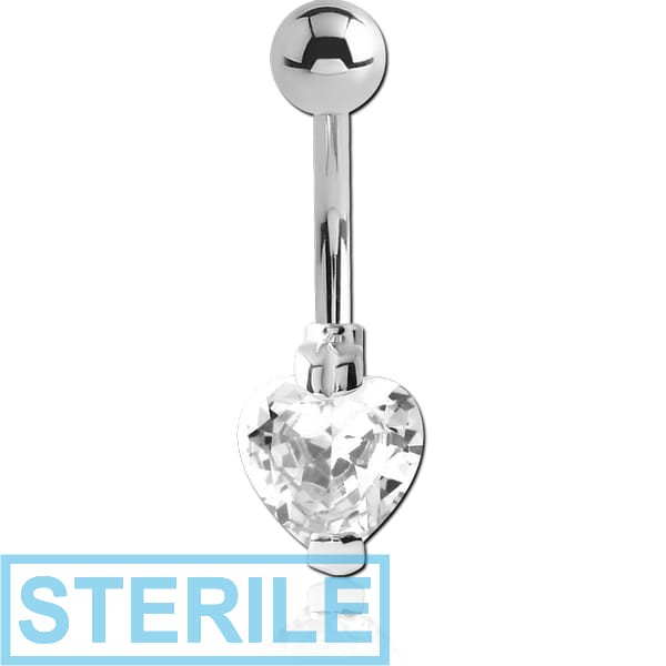 STERILE SURGICAL STEEL HEART PRONG SET 8MM CZ JEWELLED NAVEL BANANA