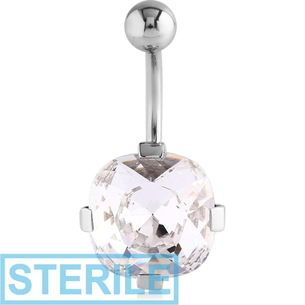 STERILE SURGICAL STEEL PRONG SET CUSHION 10X10MM CZ JEWELLED NAVEL BANANA