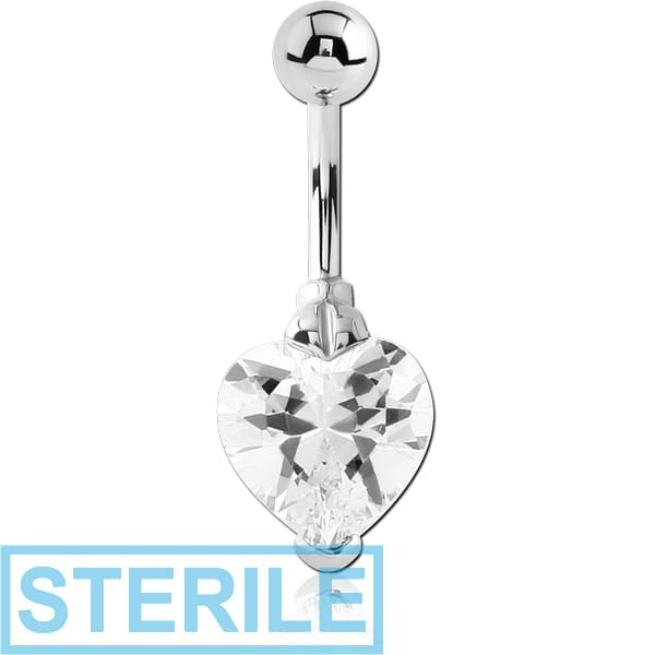 STERILE SURGICAL STEEL HEART PRONG SET 10MM CZ JEWELLED NAVEL BANANA