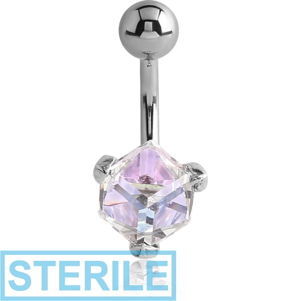 STERILE SURGICAL STEEL CUBE PREMIUM CRYSTAL JEWELLED PRONG SET NAVEL BANANA