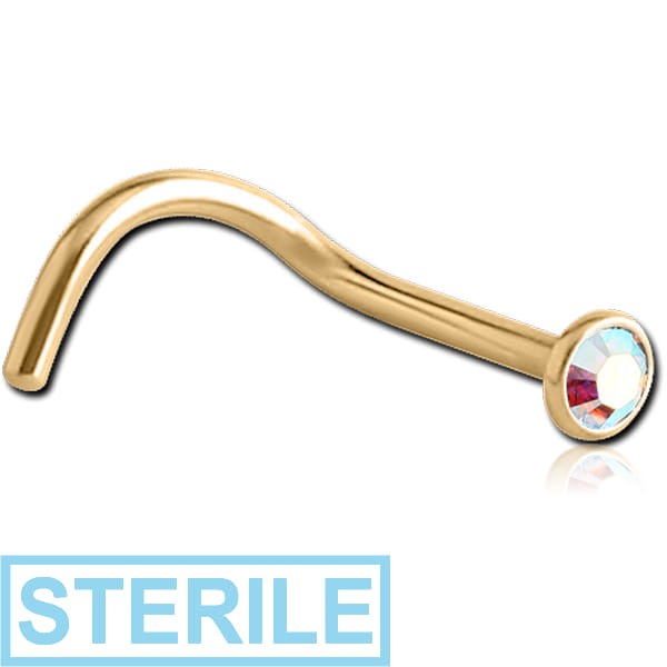 STERILE GOLD PVD 18K COATED SURGICAL STEEL HIGH END CRYSTAL JEWELLED CURVED NOSE STUD