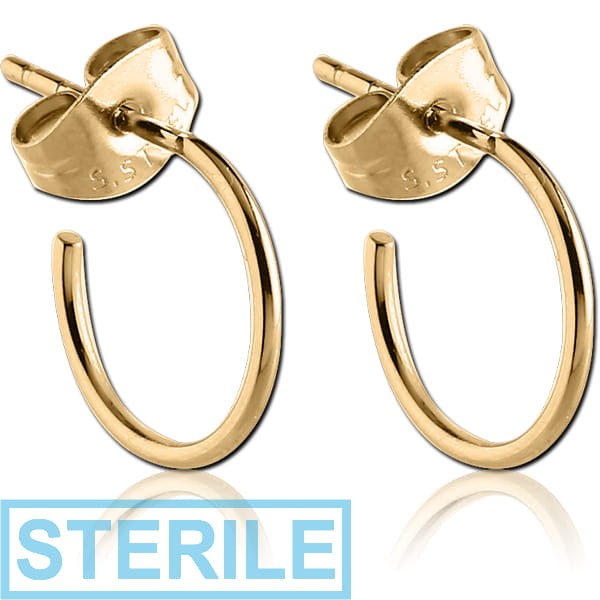 STERILE GOLD PVD 18K COATED SURGICAL STEEL EAR STUDS PAIR - HOOP