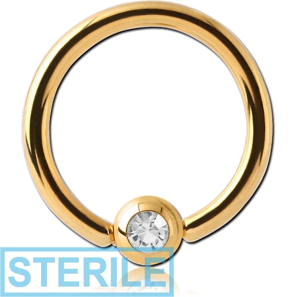 STERILE GOLD PVD COATED SURGICAL STEEL JEWELLED BALL CLOSURE RING WITH OPTIMA CRYSTAL