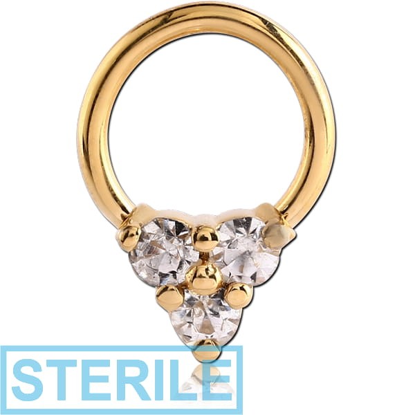 STERILE GOLD PVD COATED SURGICAL STEEL ROUND PRONG SET JEWELLED BALL CLOSURE RING