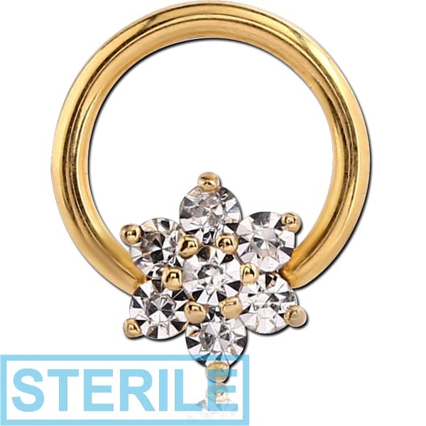 STERILE GOLD PVD COATED SURGICAL STEEL ROUND PRONG SET JEWELLED BALL CLOSURE RING