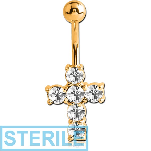 STERILE GOLD PVD COATED BRASS JEWELLED CROSS NAVEL BANANA