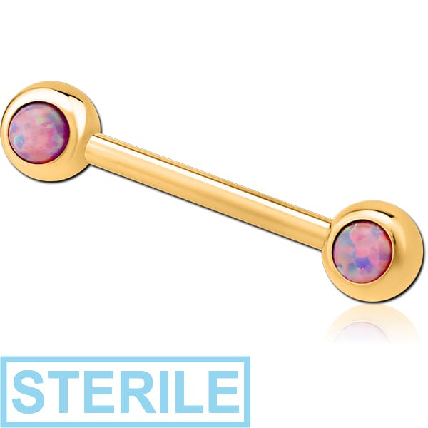 STERILE GOLD PVD COATED SURGICAL STEEL DOUBLE SIDE SYNTHETIC OPAL NIPPLE BARBELL