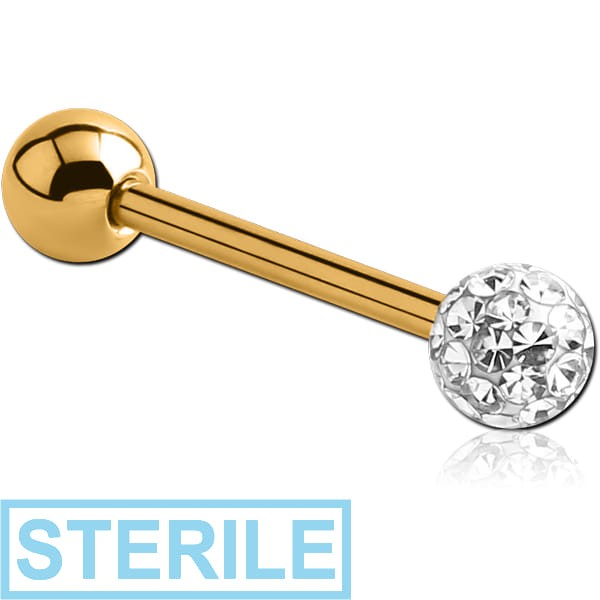 STERILE GOLD PVD COATED SURGICAL STEEL BARBELL WITH ONE EPOXY COATED CRYSTALINE JEWELLED BALL