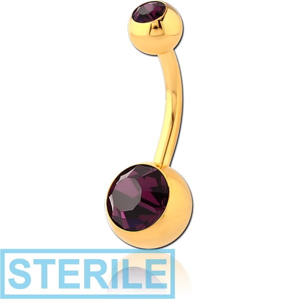 STERILE GOLD PVD COATED SURGICAL STEEL DOUBLE OPTIMA CRYSTALS NAVEL BANANA