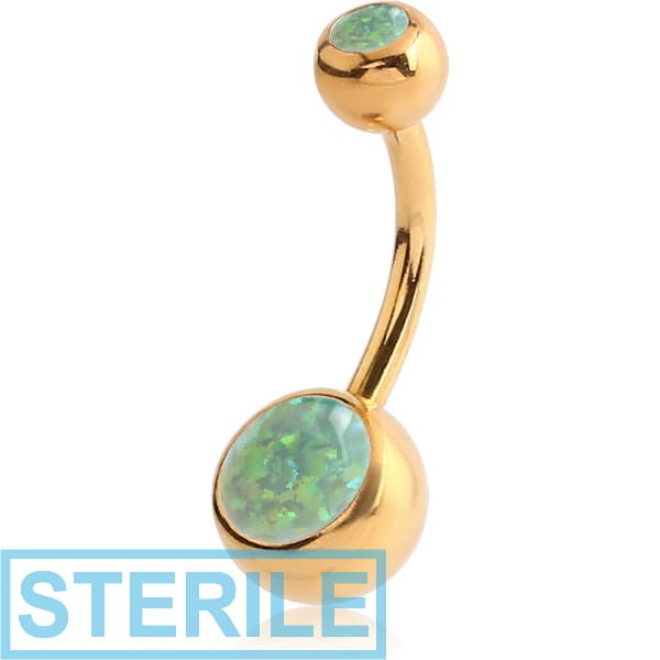 STERILE GOLD PVD COATED SURGICAL STEEL DOUBLE JEWELLED NAVEL BANANA WITH SYNTHETIC OPAL