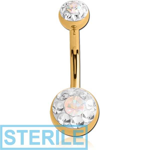 STERILE GOLD PVD COATED SURGICAL STEEL CRYSTALINE DOUBLE JEWELLED NAVEL BANANA