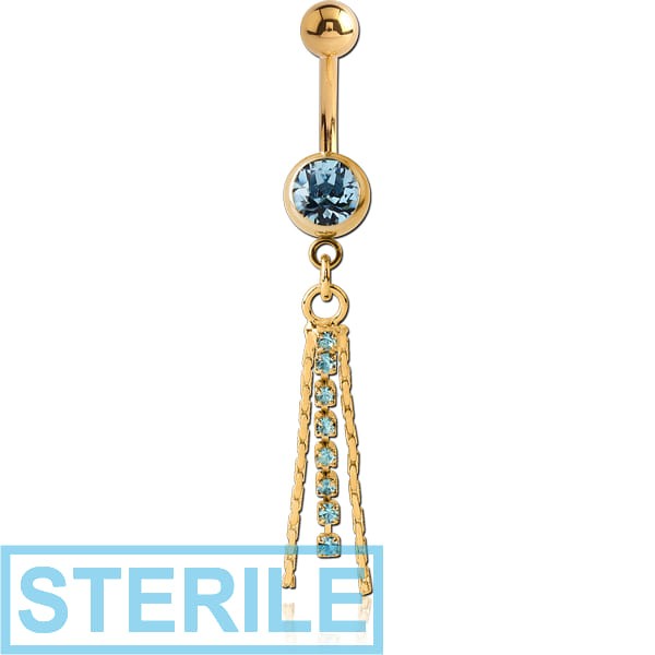 STERILE GOLD PVD COATED SURGICAL STEEL JEWELLED NAVEL BANANA WITH JEWELLED DANGLE CHARM