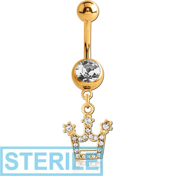STERILE GOLD PVD COATED SURGICAL STEEL JEWELLED NAVEL BANANA WITH JEWELLED CROWN CHARM