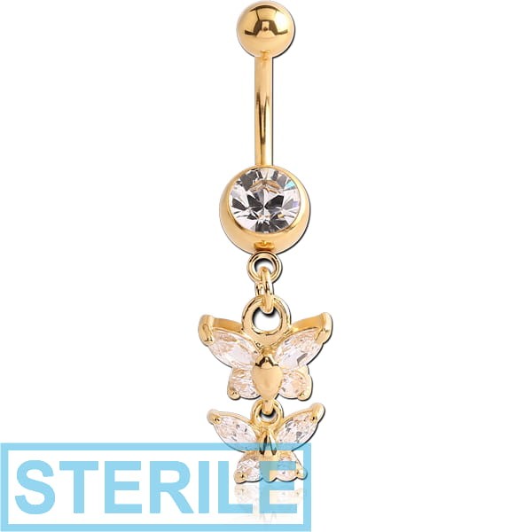 STERILE GOLD PVD COATED SURGICAL STEEL JEWELLED NAVEL BANANA WITH BUTTERFLY CHARM