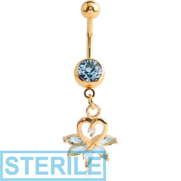 STERILE GOLD PVD COATED SURGICAL STEEL JEWELLED NAVEL BANANA WITH JEWELLED HEART CHARM