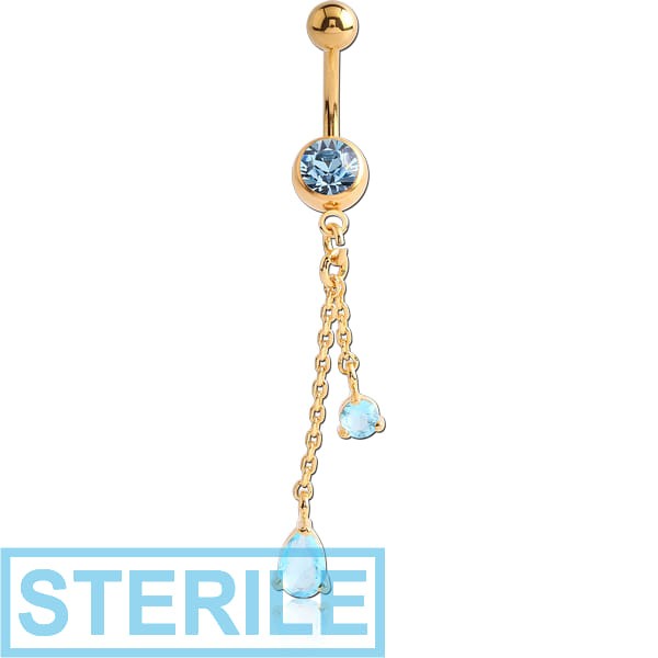 STERILE GOLD PVD COATED SURGICAL STEEL JEWELLED NAVEL BANANA WITH JEWELLED DANGLE CHARM