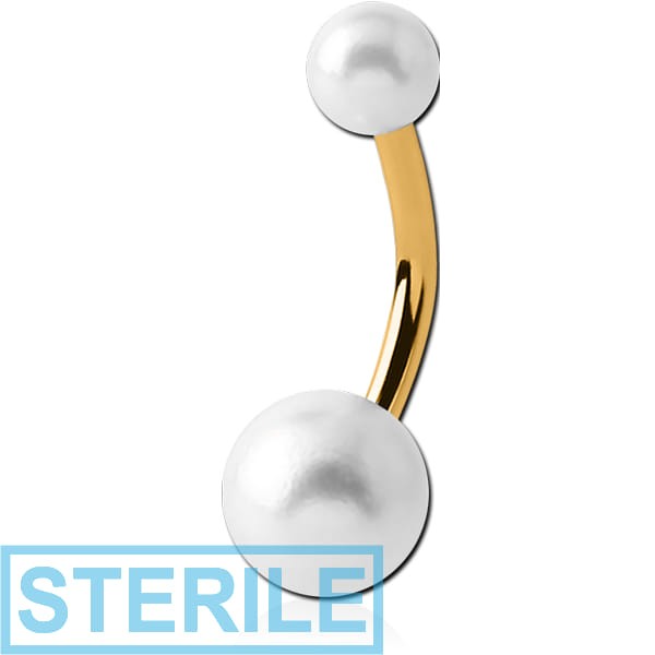 STERILE GOLD PVD COATED SURGICAL STEEL DOUBLE SYNTHETIC PEARL BALL NAVEL BANANA