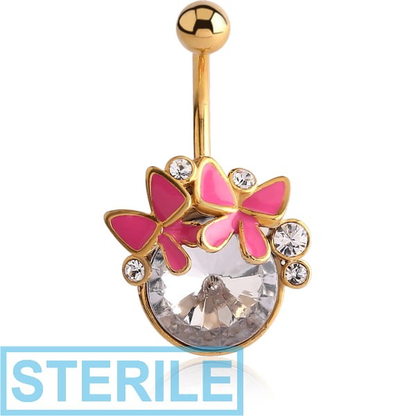 STERILE GOLD PVD COATED BRASS JEWELLED NAVEL BANANA WITH ENAMEL - BOW AND BUTTERFLY