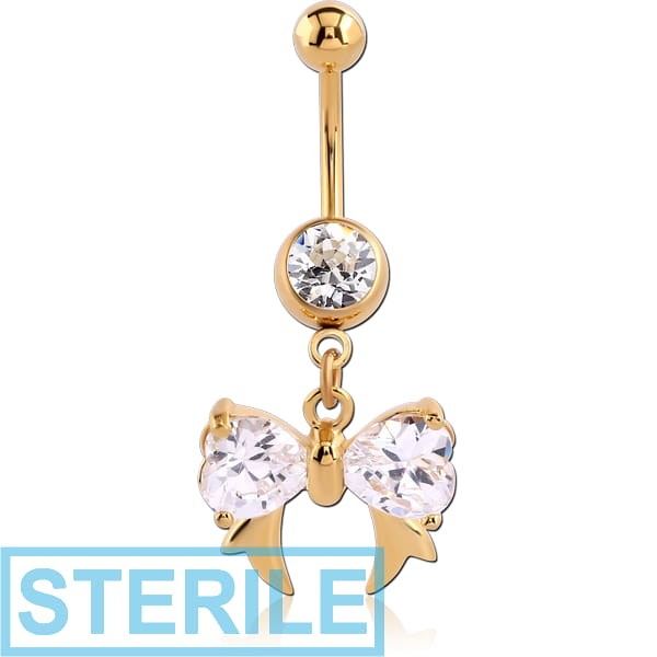 STERILE GOLD PVD COATED SURGICAL STEEL JEWELLED NAVEL BANANA WITH DANGLING CHARM - BOW WITH FANGS