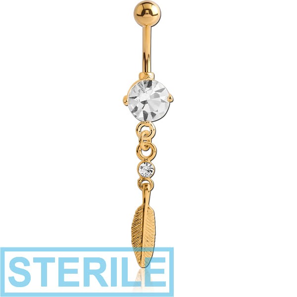 STERILE GOLD PVD COATED BRASS JEWELLED NAVEL BANANA WITH DANGLING CHARM - FEATHER