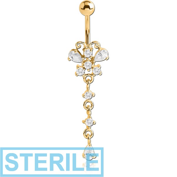 STERILE GOLD PVD COATED BRASS JEWELLED BUTTERFLY NAVEL BANANA WITH DANGLING CHARM - PEAR