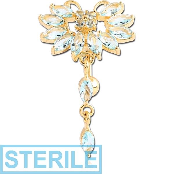 STERILE GOLD PVD COATED BRASS JEWELLED BUTTERFLY REVERSE NAVEL BANANA WITH DANGLING CHARM - PEAR