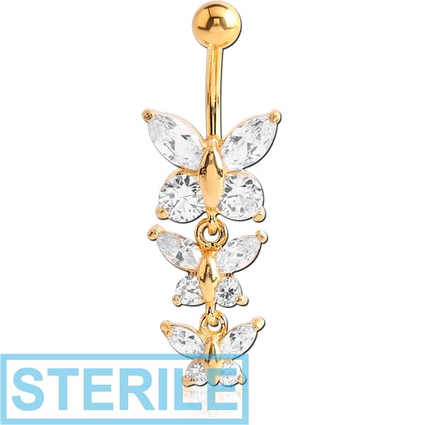 STERILE GOLD PVD COATED BRASS JEWELLED BUTTERFLY NAVEL BANANA WITH DANGLING CHARM - BUTTERFLY