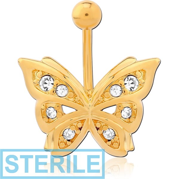 STERILE GOLD PVD COATED BRASS JEWELLED NAVEL BANANA - BUTTERFLY