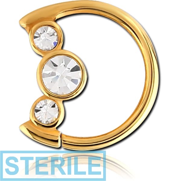 STERILE GOLD PVD COATED SURGICAL STEEL JEWELLED OPEN MOON SEAMLESS RING