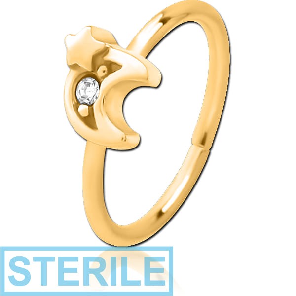 STERILE GOLD PVD COATED SURGICAL STEEL JEWELLED SEAMLESS RING - CRESCENT AND STAR