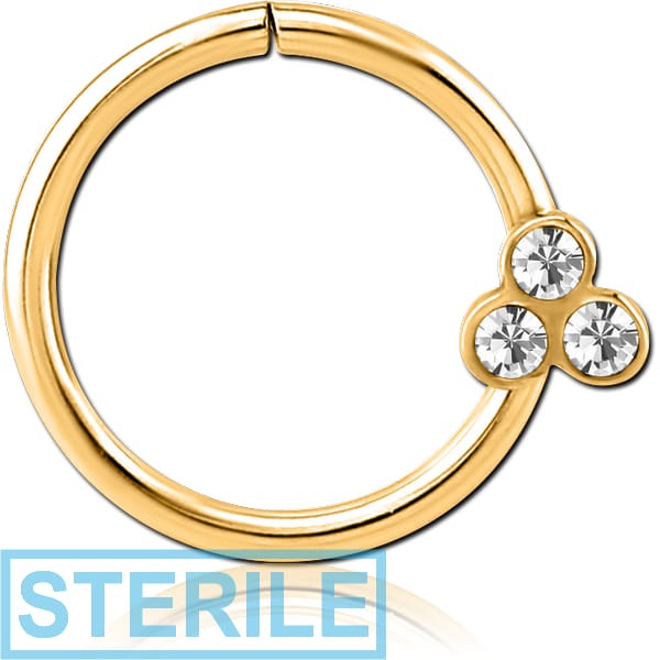 STERILE GOLD PVD COATED SURGICAL STEEL JEWELLED SEAMLESS RING - ROUND WITH 3 GEMS