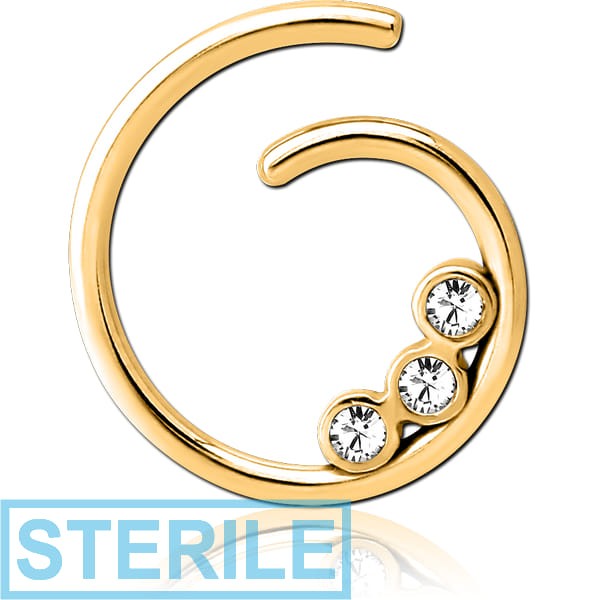 STERILE GOLD PVD COATED SURGICAL STEEL JEWELLED SEAMLESS RING - G WITH 3 GEMS