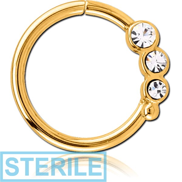 STERILE GOLD PVD COATED SURGICAL STEEL JEWELLED SEAMLESS RING - LEFT - TRIPLE GEM