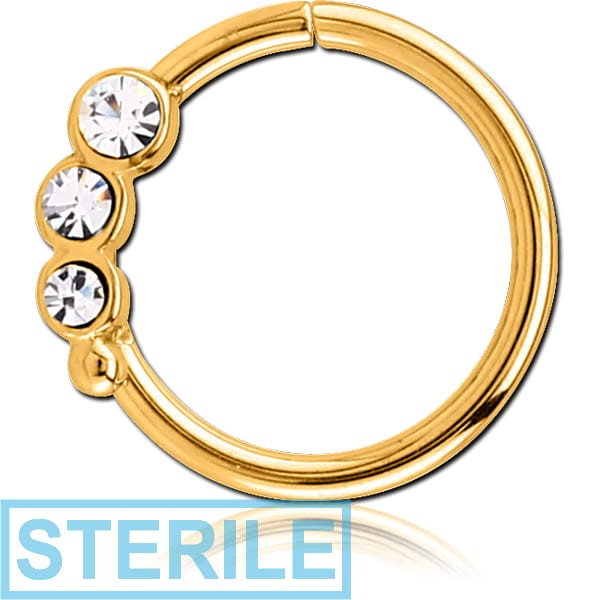 STERILE GOLD PVD COATED SURGICAL STEEL JEWELLED SEAMLESS RING - RIGHT - TRIPLE GEM