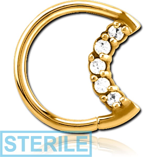 STERILE GOLD PVD COATED SURGICAL STEEL JEWELLED OPEN SEAMLESS RING - LEFT - MOON
