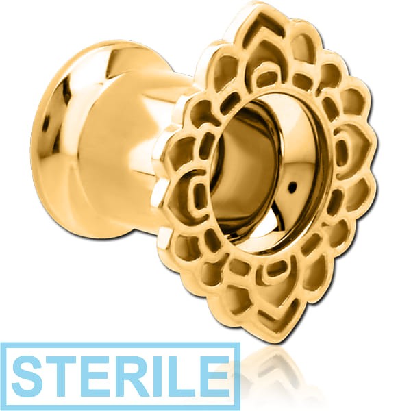 STERILE GOLD PVD COATED STAINLESS STEEL DOUBLE FLARED INTERNALLY THREADED TUNNEL