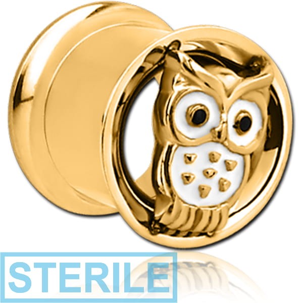 STERILE GOLD PVD COATED STAINLESS STEEL DOUBLE FLARED INTERNALLY THREADED TUNNEL - OWL