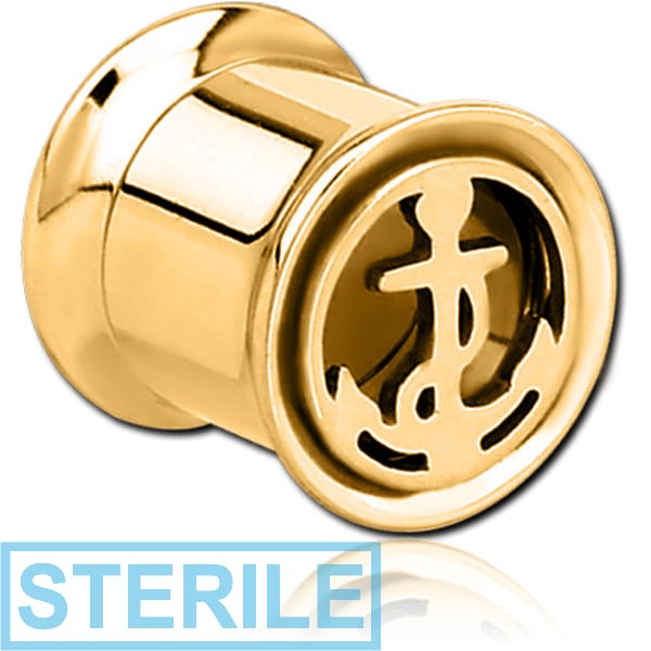 STERILE GOLD PVD COATED STAINLESS STEEL DOUBLE FLARED INTERNALLY CUT OUT THREADED TUNNEL - ANCHOR