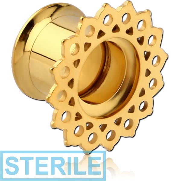 STERILE GOLD PVD COATED STAINLESS STEEL DOUBLE FLARED INTERNALLY THREADED TUNNEL