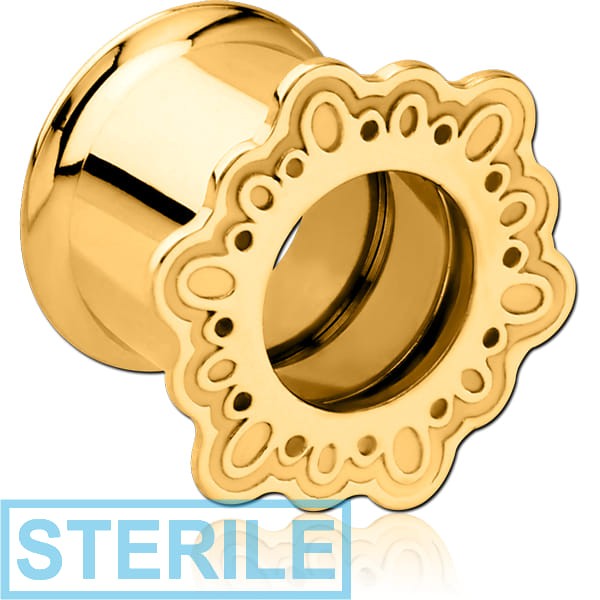 STERILE GOLD PVD COATED STAINLESS STEEL DOUBLE FLARED INTERNALLY THREADED TUNNEL