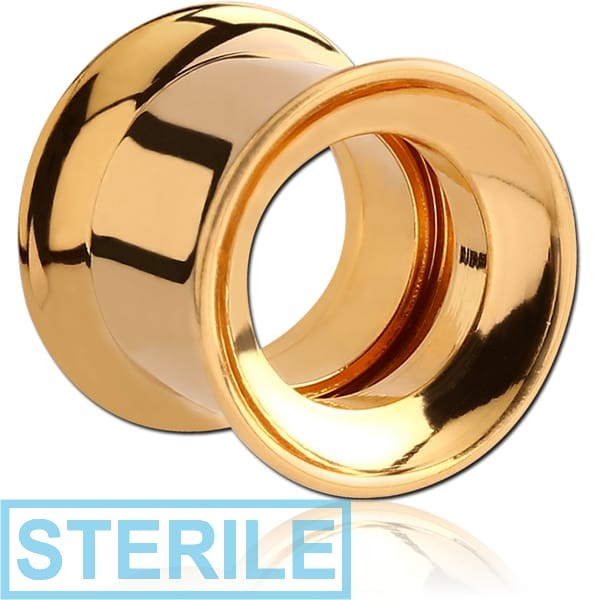 STERILE GOLD PVD COATED STAINLESS STEEL DOUBLE FLARED INTERNALLY THREADED TUNNEL