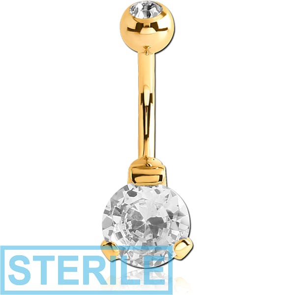 STERILE GOLD PVD COATED SURGICAL STEEL ROUND 8MM CZ DOUBLE JEWELLED BANANA