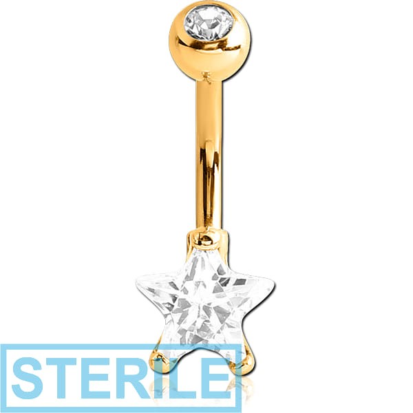 STERILE GOLD PVD COATED SURGICAL STEEL STAR 8MM CZ DOUBLE JEWLED NAVEL BANANA
