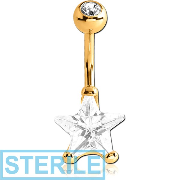 STERILE GOLD PVD COATED SURGICAL STEEL STAR 10MM CZ DOUBLE JEWLED NAVEL BANANA