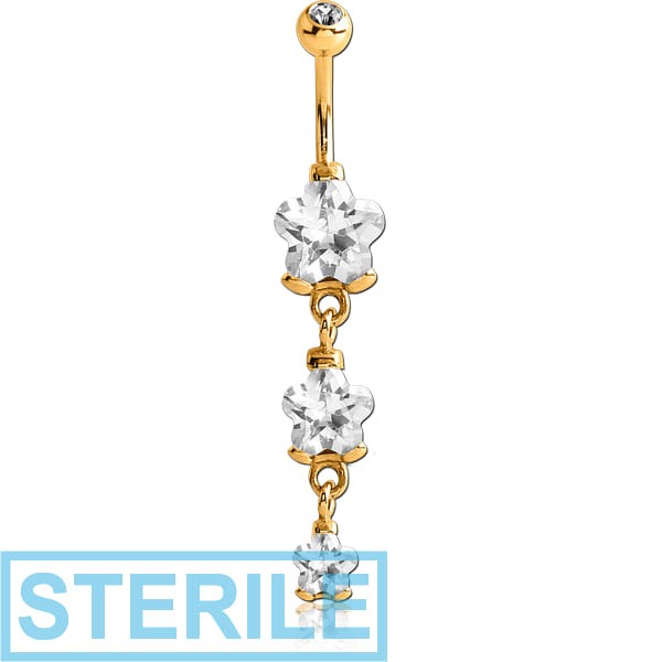 STERILE GOLD PVD COATED SURGICAL STEEL TRIPLE HEART CZ DOUBLE JEWELLED DANGLE NAVEL BANANA