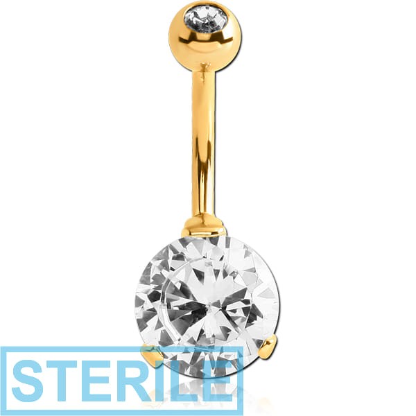 STERILE GOLD PVD COATED SURGICAL STEEL ROUND 10MM CZ DOUBLE JEWELLED NAVEL BANANA