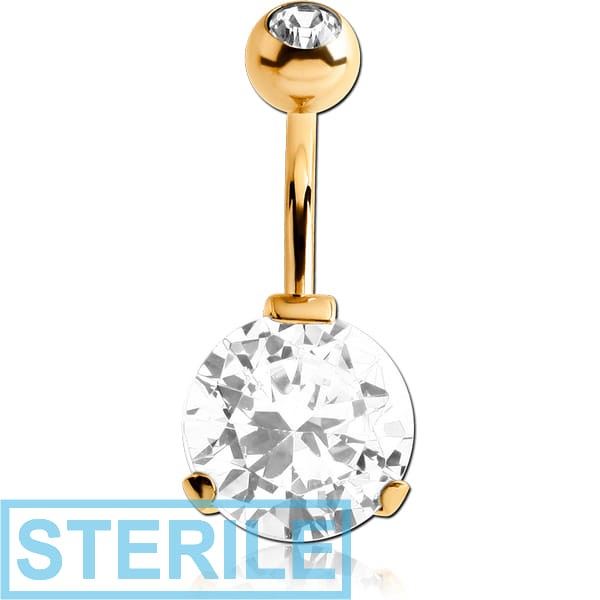 STERILE GOLD PVD COATED SURGICAL STEEL ROUND 12MM CZ DOUBLE JEWELLED NAVEL BANANA