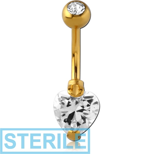 STERILE GOLD PVD COATED SURGICAL STEEL HEART 8MM CZ DOUBLE JEWELLED NAVEL BANANA